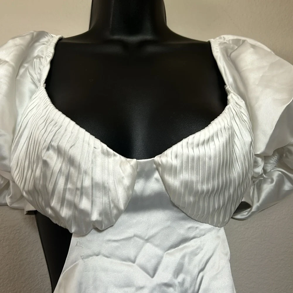 Princess Polly Cindi White Pleated Bust Puff Sleeve Tie Back Satin Mini Dress - Picture 8 of 12